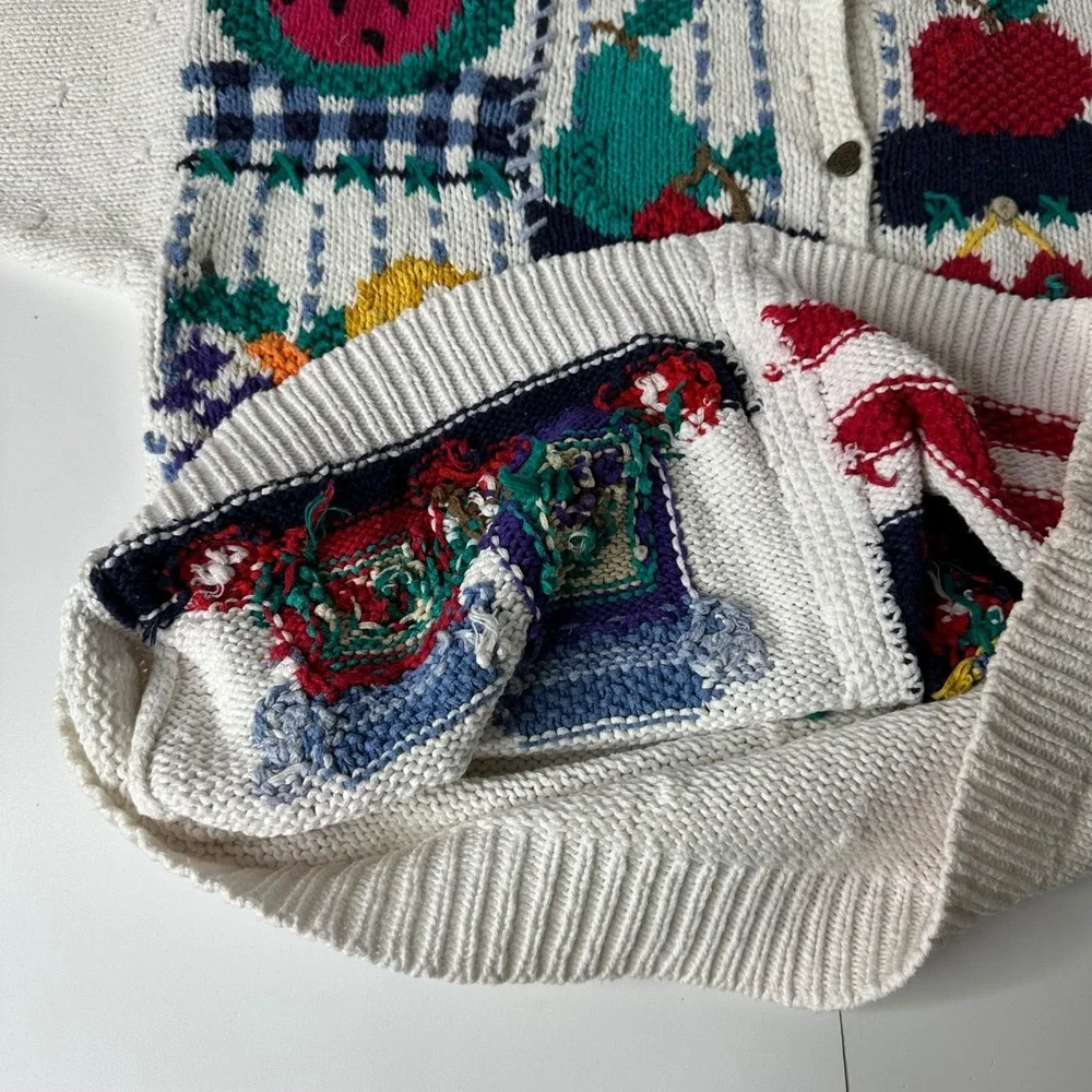Signatures Northern Isles Hand Knit‎ Sweater White Fruit Americana Vtg 90s Sz L